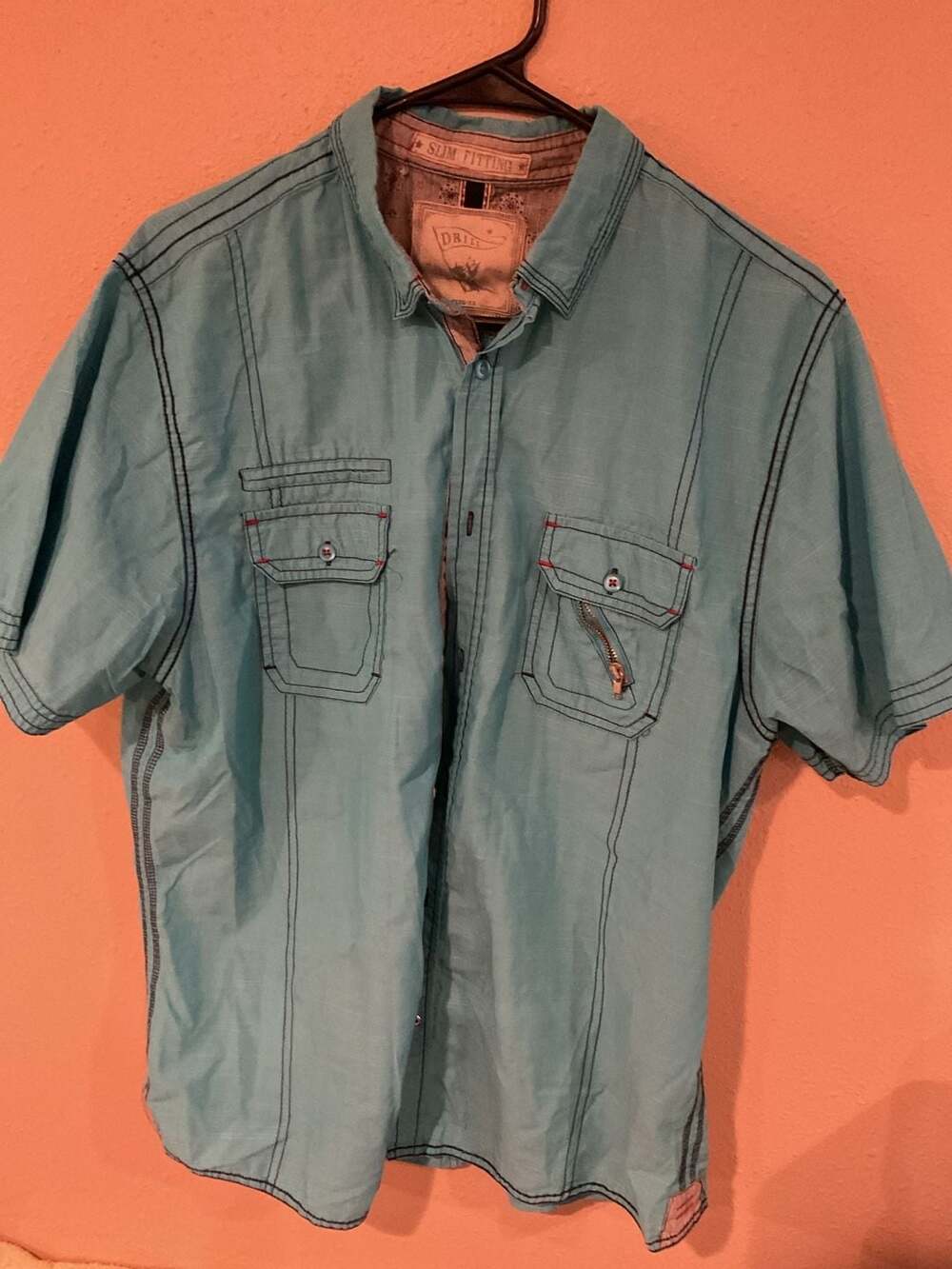 Drill Men's Slim Fitting Short Sleeve Button Down Shirt Teal Size XL